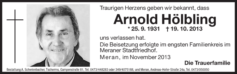  Traueranzeige für Arnold Hölbling vom 02.11.2013 aus Dolomiten