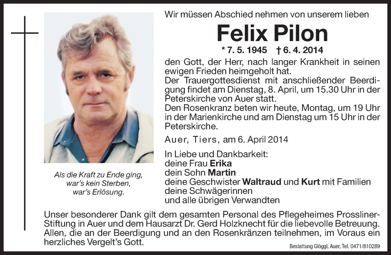  Traueranzeige für Felix Pilon vom 07.04.2014 aus Dolomiten