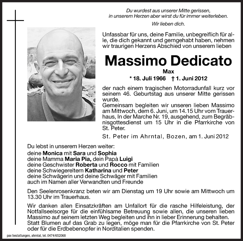  Traueranzeige für Massimo Dedicato vom 05.06.2012 aus Dolomiten