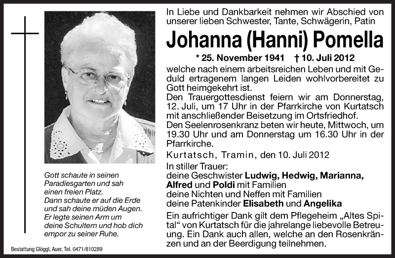  Traueranzeige für Johanna Pomella vom 11.07.2012 aus Dolomiten