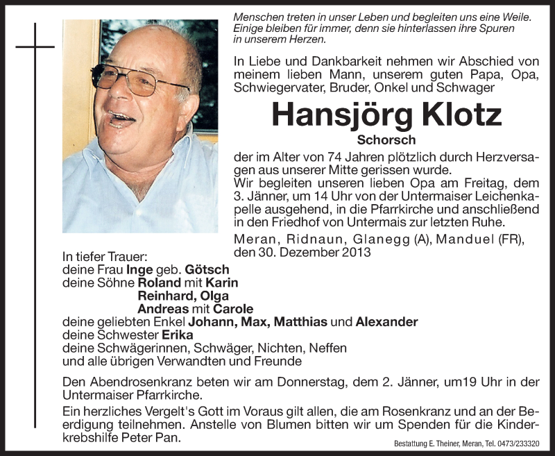  Traueranzeige für Hansjörg Klotz vom 02.01.2014 aus Dolomiten