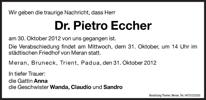  Traueranzeige für Pietro Eccher vom 31.10.2012 aus Dolomiten