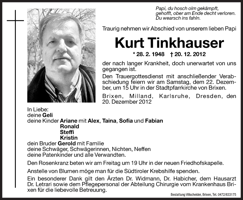  Traueranzeige für Kurt Tinkhauser vom 21.12.2012 aus Dolomiten