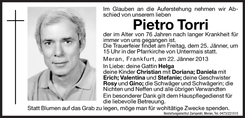  Traueranzeige für Pietro Torri vom 23.01.2013 aus Dolomiten