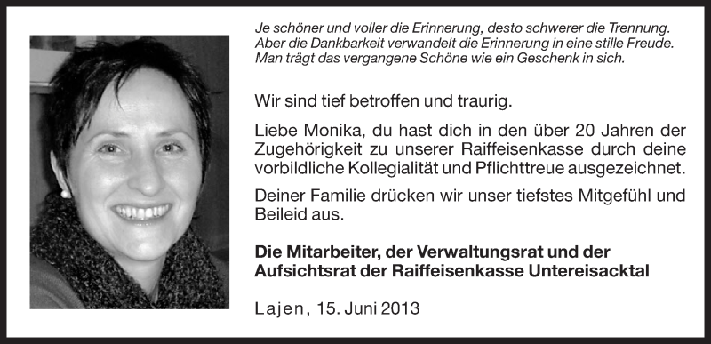  Traueranzeige für Monika  vom 17.06.2013 aus Dolomiten