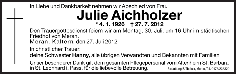  Traueranzeige für Julie Aichholzer vom 28.07.2012 aus Dolomiten