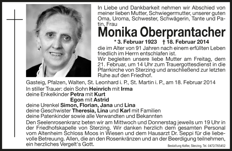  Traueranzeige für Monika Oberprantacher vom 28.04.2016 aus Athesia Dolmiten