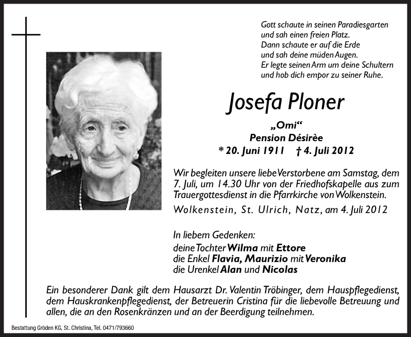  Traueranzeige für Josefa Ploner vom 06.07.2012 aus Dolomiten