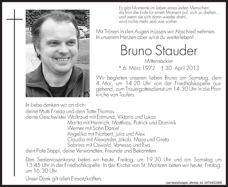  Traueranzeige für Bruno Stauder vom 03.05.2013 aus Dolomiten