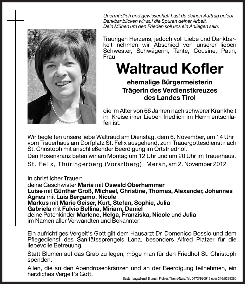  Traueranzeige für Waltraud Kofler vom 05.11.2012 aus Dolomiten