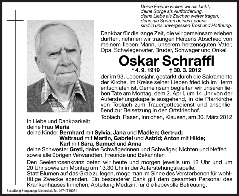  Traueranzeige für Oskar Schraffl vom 31.03.2012 aus Dolomiten