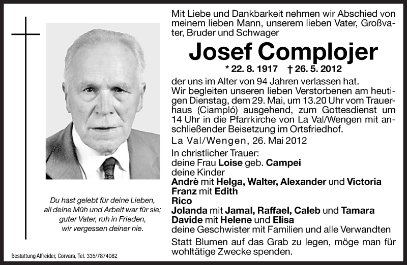  Traueranzeige für Josef Complojer vom 29.05.2012 aus Dolomiten