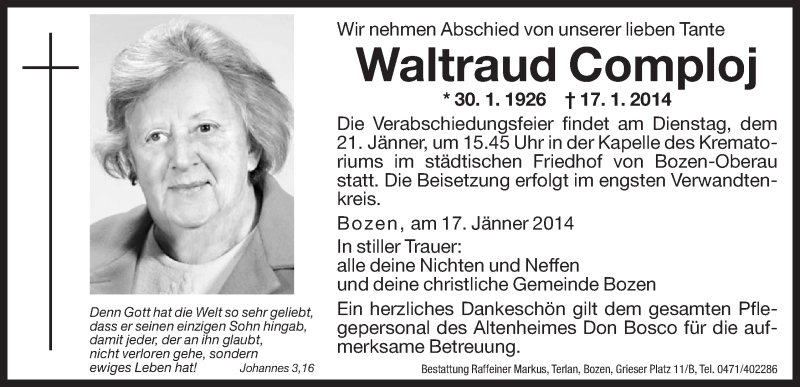  Traueranzeige für Waltraud Comploj vom 18.01.2014 aus Dolomiten