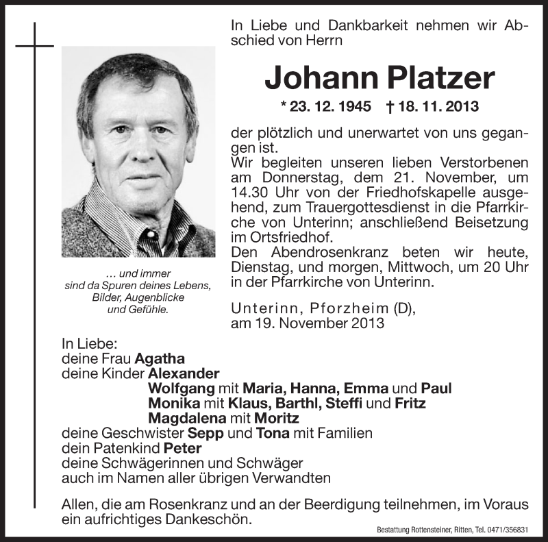  Traueranzeige für Johann Platzer vom 19.11.2013 aus Dolomiten