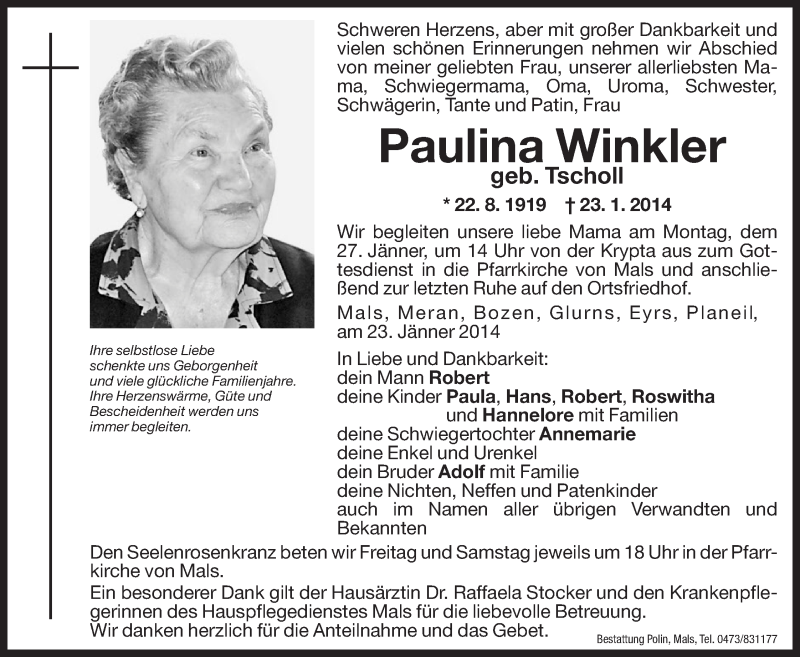  Traueranzeige für Paulina Winkler vom 24.01.2014 aus Dolomiten