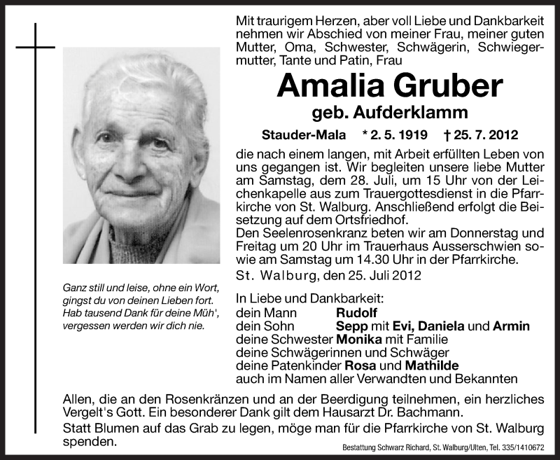  Traueranzeige für Amalia Gruber vom 26.07.2012 aus Dolomiten