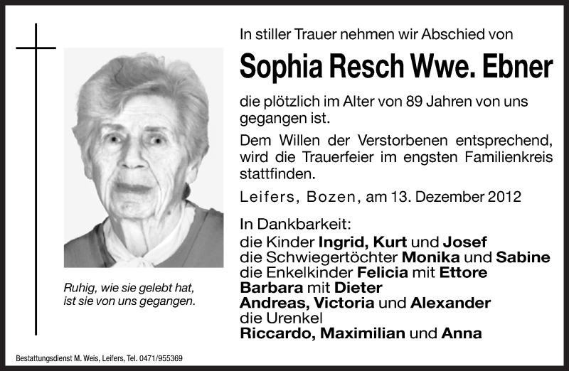  Traueranzeige für Sophia Ebner vom 15.12.2012 aus Dolomiten