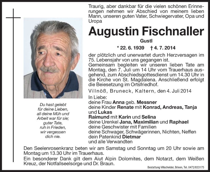  Traueranzeige für Augustin Fischnaller vom 05.07.2014 aus Dolomiten