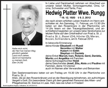 Traueranzeige von Hedwig Rungg von Dolomiten