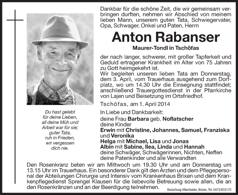  Traueranzeige für Anton Rabanser vom 02.04.2014 aus Dolomiten