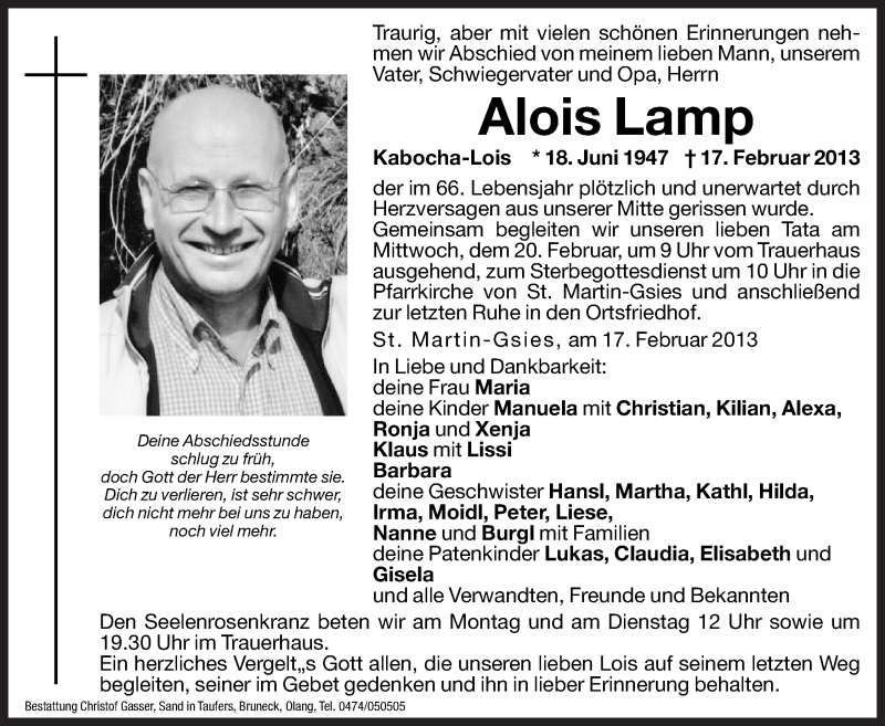  Traueranzeige für Alois Lamp vom 18.02.2013 aus Dolomiten