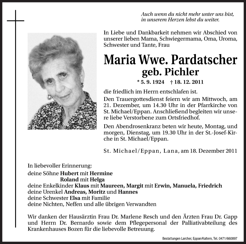  Traueranzeige für Maria Pardatscher vom 19.12.2011 aus Dolomiten