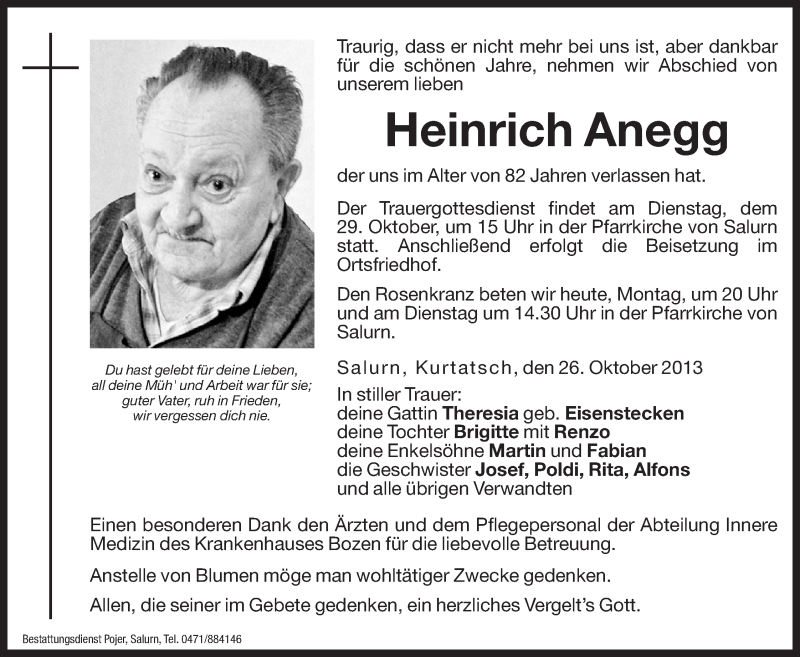  Traueranzeige für Heinrich Anegg vom 28.10.2013 aus Dolomiten