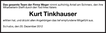 Traueranzeige von Kurt Tinkhauser von Dolomiten