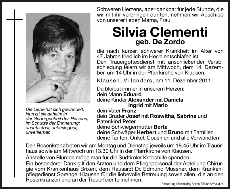  Traueranzeige für Silvia Clementi vom 12.12.2011 aus Dolomiten