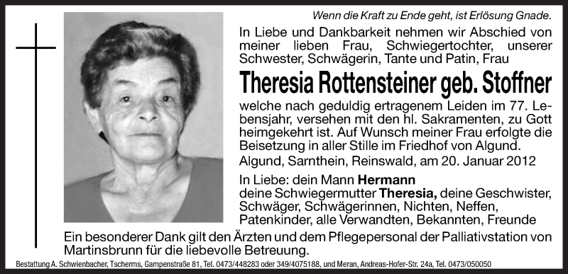  Traueranzeige für Theresia Rottensteiner vom 25.01.2012 aus Dolomiten