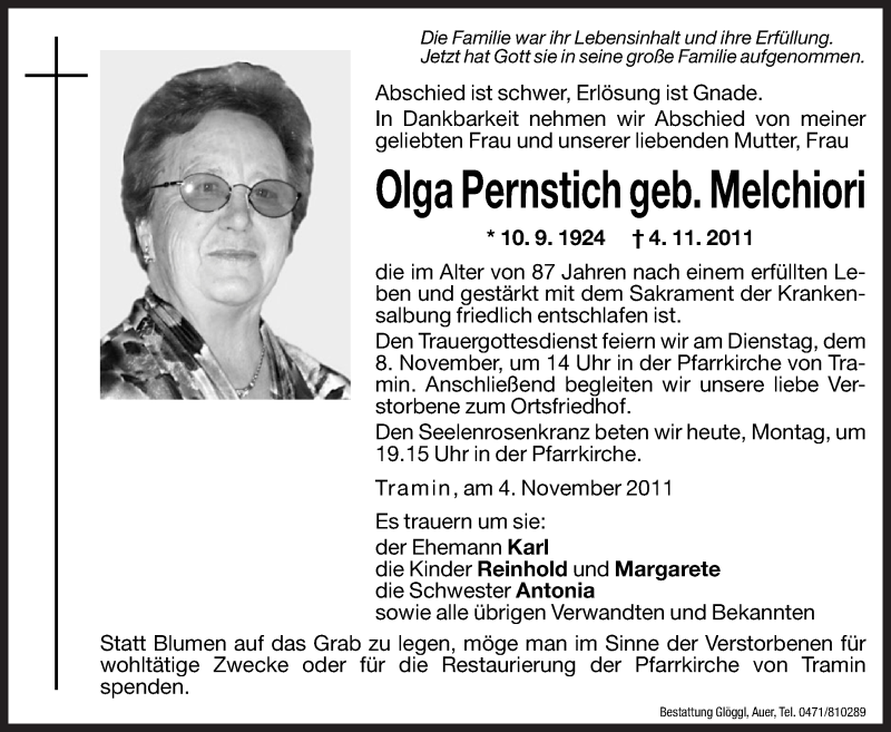  Traueranzeige für Olga Pernstich vom 07.11.2011 aus Dolomiten