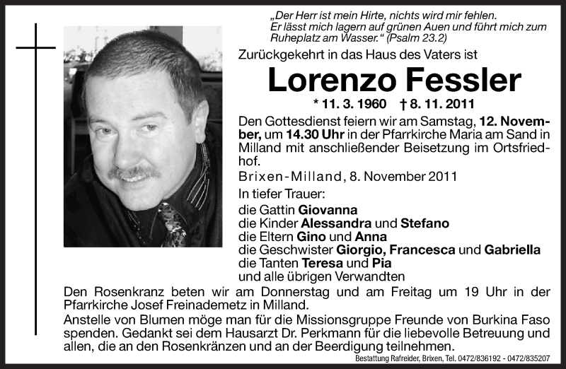  Traueranzeige für Lorenzo Fessler vom 10.11.2011 aus Dolomiten