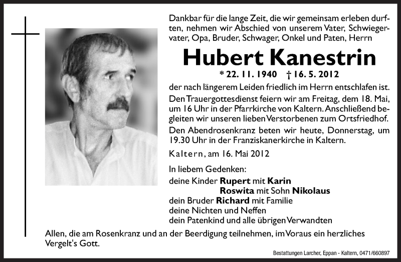  Traueranzeige für Hubert Kanestrin vom 17.05.2012 aus Dolomiten