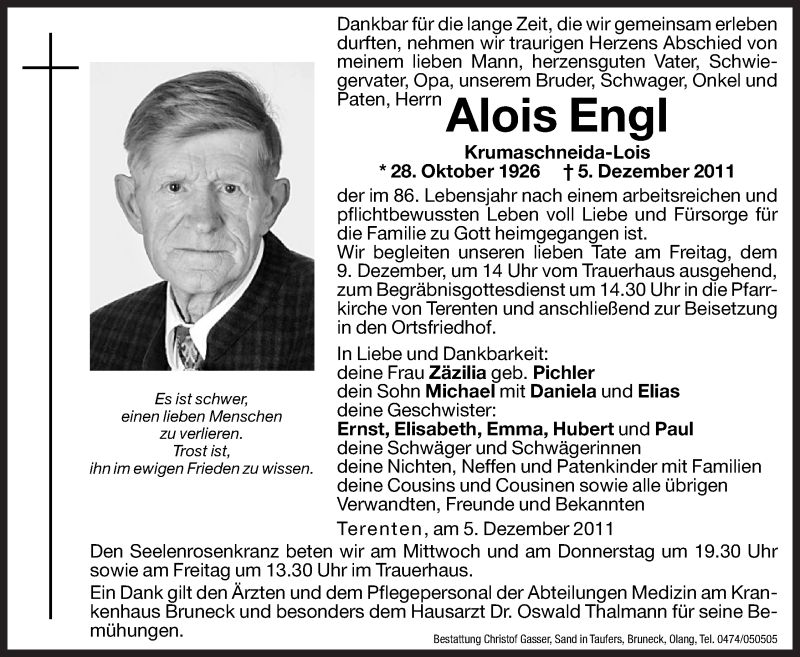  Traueranzeige für Alois Engl vom 07.12.2011 aus Dolomiten