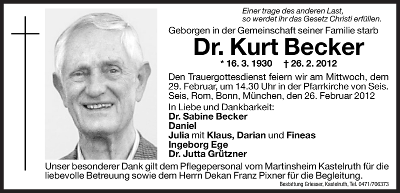  Traueranzeige für Kurt Becker vom 28.02.2012 aus Dolomiten