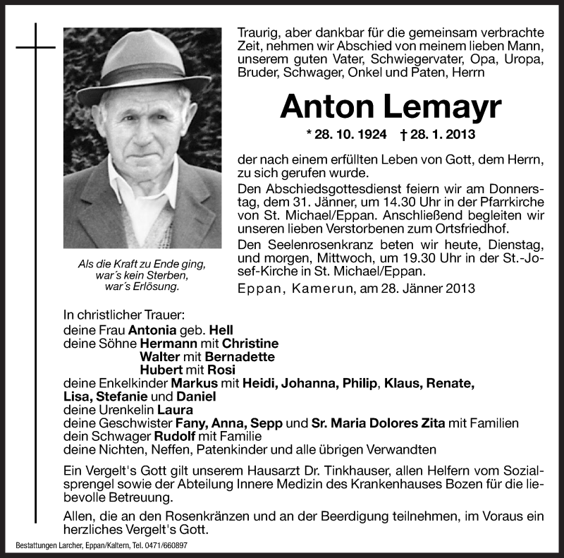  Traueranzeige für Anton Lemayr vom 29.01.2013 aus Dolomiten