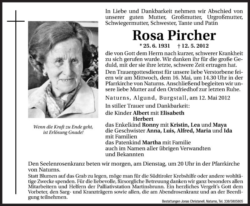  Traueranzeige für Rosa Pircher vom 14.05.2012 aus Dolomiten