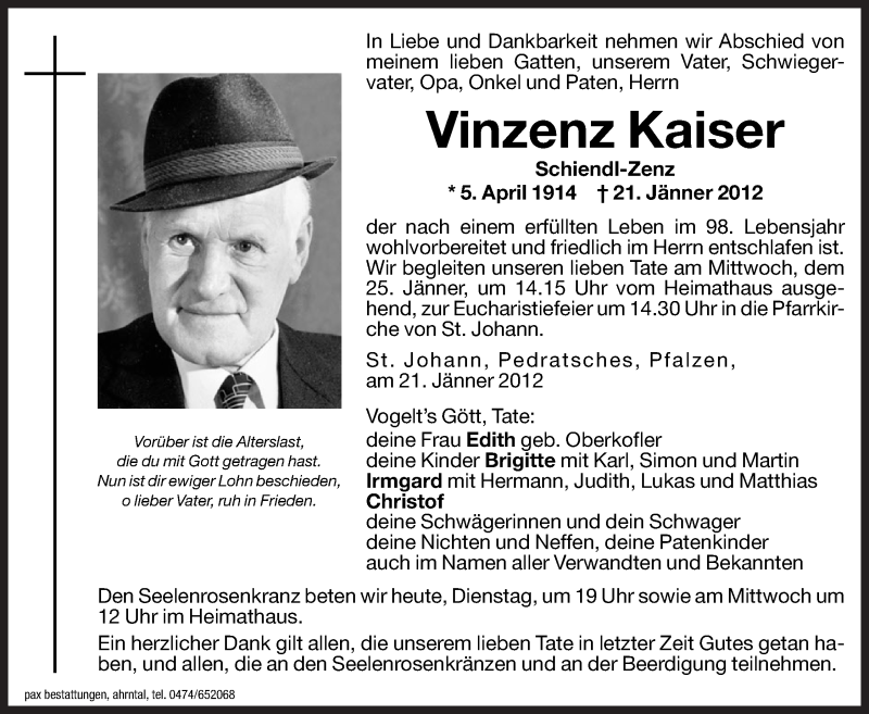  Traueranzeige für Vinzenz Kaiser vom 24.01.2012 aus Dolomiten