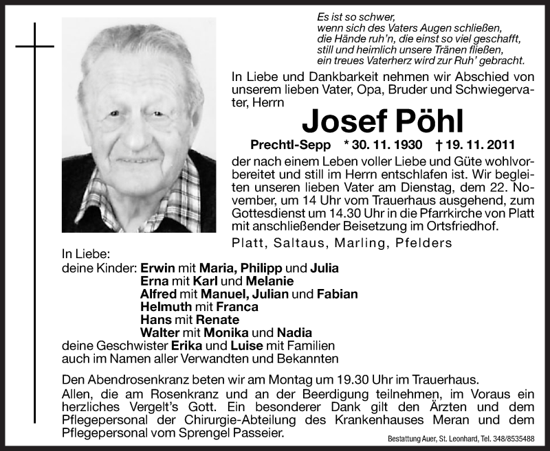  Traueranzeige für Josef Pöhl vom 21.11.2011 aus Dolomiten