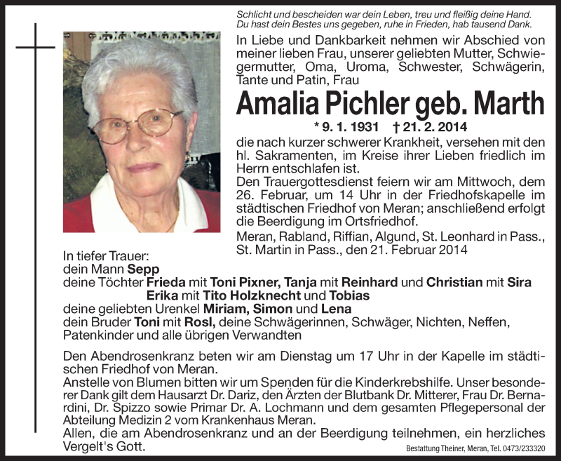  Traueranzeige für Amalia Pichler vom 24.02.2014 aus Dolomiten