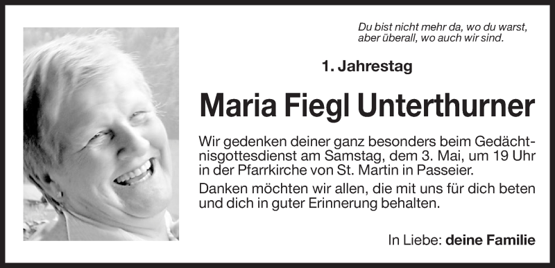  Traueranzeige für Maria Fiegl Unterthurner vom 30.04.2014 aus Dolomiten