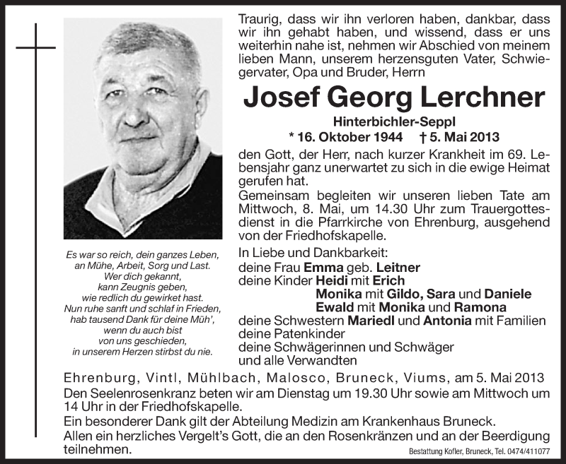  Traueranzeige für Josef Georg Lerchner vom 07.05.2013 aus Dolomiten