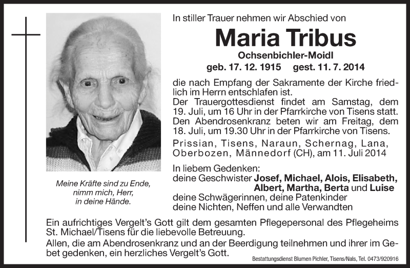  Traueranzeige für Maria Tribus vom 18.07.2014 aus Dolomiten