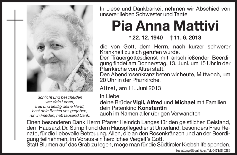  Traueranzeige für Pia Anna Mattivi vom 12.06.2013 aus Dolomiten