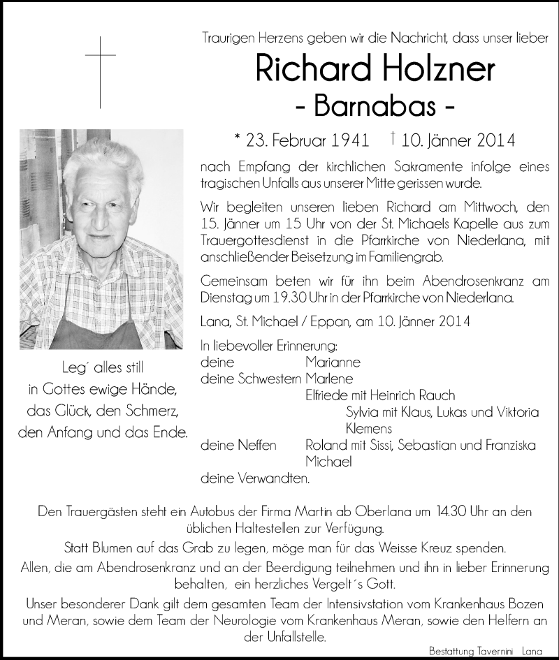  Traueranzeige für Richard Holzner vom 14.01.2014 aus Dolomiten