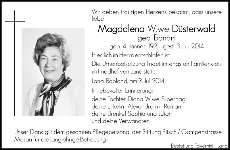  Traueranzeige für Magdalena Düsterwald vom 11.07.2014 aus Dolomiten