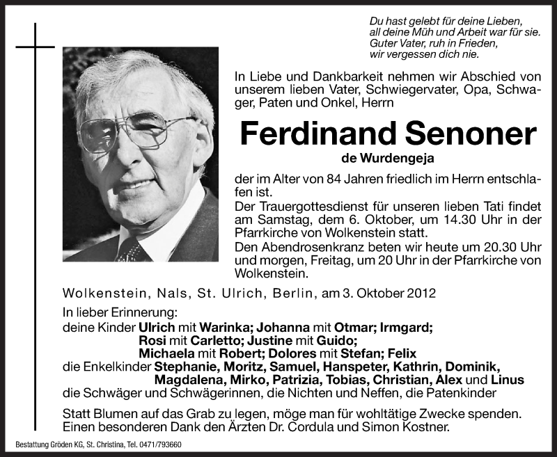  Traueranzeige für Ferdinand Senoner vom 04.10.2012 aus Dolomiten