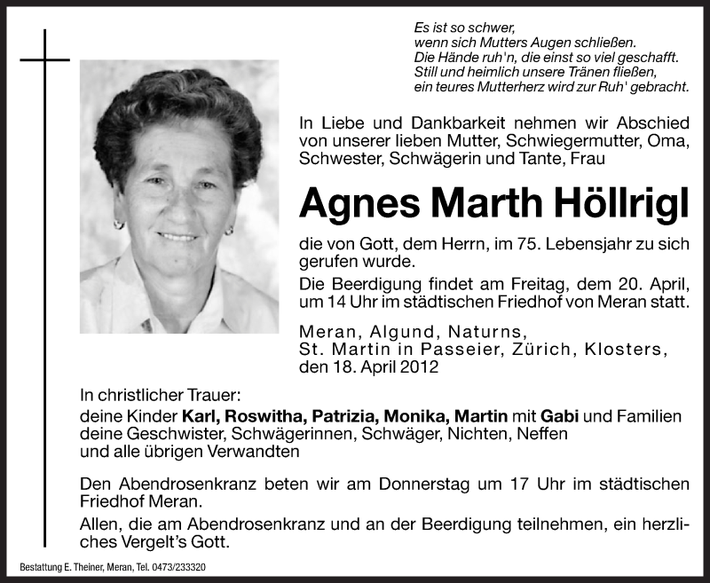  Traueranzeige für Agnes Marth Höllrigl vom 19.04.2012 aus Dolomiten