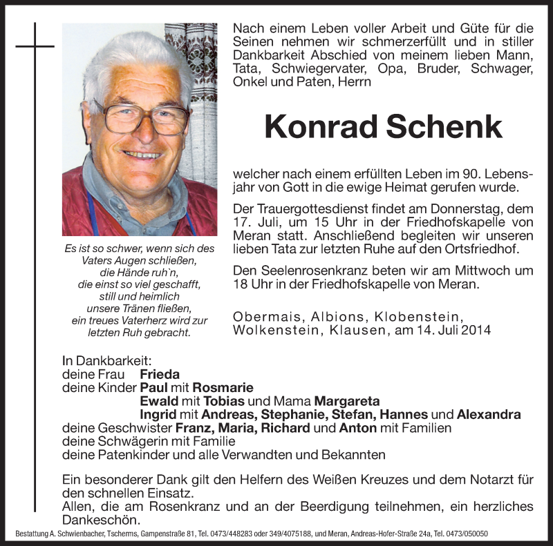  Traueranzeige für Konrad Schenk vom 15.07.2014 aus Dolomiten