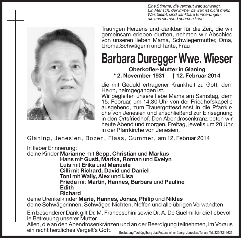  Traueranzeige für Barbara Wieser vom 13.02.2014 aus Dolomiten